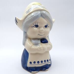 Vintage Holland Dutch Girl Coin Bank Blue White Hand Painted Ceramic 6 Inch